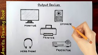 Output devices of computer drawing  Output devices drawing  Computer Parts Drawing easy [upl. by Ianteen35]