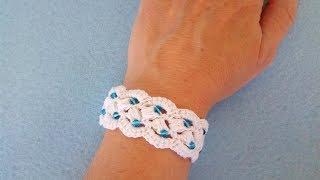 Bracciale con Perle ad Uncinetto Crochet Bracelet Pearl  Brazalete perlas crochet Pulsera crochet [upl. by Wauters]