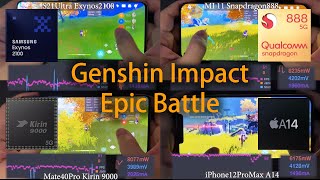 Exynos 2100 vs Snapdragon 888 vs Kirin 9000 vs A14 Epic Genshin Impact Test of 2021 Flagship Phones [upl. by Yahsel122]