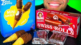 ASMR LITTLE DEBBIE STRAWBERRY SWISS ROLLS MINI SWIRLS ICE CREAM CONES  SWEETS EATING SOUNDS NO TALK [upl. by Nnyloj]