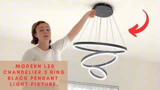 Review Modern LED Chandelier 3 Ring Black Led Pendant Light Fixture Dimmable [upl. by Terrilyn]