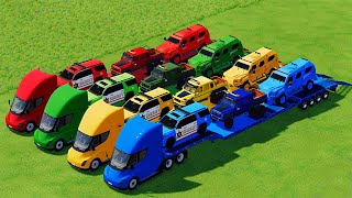 TRANSPORTING EXCAVATOR MIXER TRUCK BUS BULLDOZER POLICE CARS TO GARAGE WITH TESLA TRUCK  FS22 [upl. by Namrak]