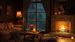 Rainy Night in Cozy Room Ambience with Soft Jazz Music 💤 Heavy Rain Crackling Fireplace to Sleep 4K [upl. by Akcired]