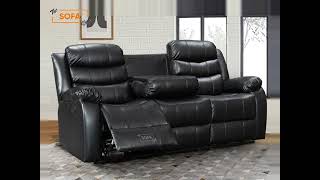 Black Leather 3 Seater Sofa with Drop Down Table Cup Holders  0 Finance Available [upl. by Fairlie]