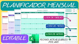 Planificador Mensual📆Editable Perpetuo en Excel✅Calendario Agenda [upl. by Anohsal741]