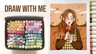 🍁 Draw with me  Marker Art quotAutumn girlquot Process  Ohuhu 120 Alcohol Markers Review [upl. by Eldin]