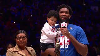 Joel Embiid Gets Emotional After Receiving MVP Trophy In Philly [upl. by Rodd]