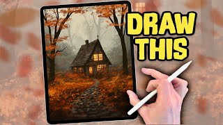 PROCREATE Landscape DRAWING Tutorial in EASY steps  Fall Autumn woods Cottage [upl. by Arihat]