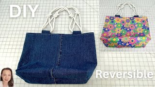 DIY Reversible Lined Tote Bag  Denim Jeans Bag with Knotted Rope Straps [upl. by Arrad331]