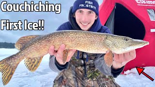 Fishing LAKE COUCHICHING first ice 2024 for JUMBO Perch and BIG Pike Multiple Big Fish Caught [upl. by Ahseinet]