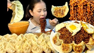 EATING BLACK BEAN NOODLES WITH FRIED MOMO STEAM MOMO AND HALF FRIED EGGS MUKBANG ASMR [upl. by Ause]