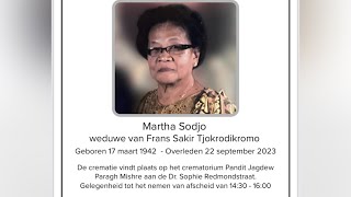 De uitvaartdienst en crematie van Martha Tjokrodikromo  Sodjo Zaterdag 23 sept 2023 [upl. by Annavoig]