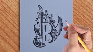 How to make B letter drawing with pencil  simple B letters design with guitar [upl. by Earesed]