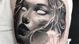 Witch arm sleeve tattoo Part 3 witch portrait opaque grey timelapse [upl. by Naomi]