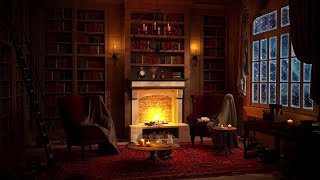 Library Bookstore  Blizzard and Howling Wind on Study Ambience with Crackling Fireplace [upl. by Qifar574]