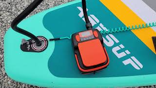 Test Dr Meter iSUP Electric Pump with Battery on Abysup Inflatable Stand Up Paddleboard [upl. by Oigaib]