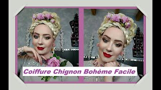 coiffure vintage boheme facile avec chignon postiche vintage hairstyle [upl. by Htiderem]