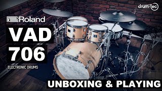 Roland VAD706 vdrums acoustic design electronic drums unboxing amp playing [upl. by Lleda152]