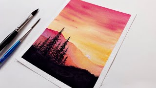 Watercolor Tutorial For Beginners Step by Step Red Orange Sunset Watercolor Painting For Beginners [upl. by Dnama]