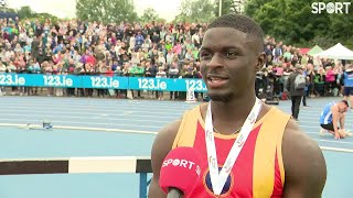 Israel Olatunde after winning his 4th Irish 100m title in a row [upl. by Salene483]