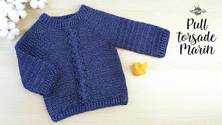 Crochet pull Marin  Tuto torsade  Guide des tailles [upl. by Nylssej759]