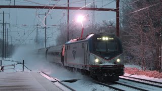 Plasma Discharge and snow kicked up from fast Amtrak trains in Odenton MD [upl. by Ettenor669]