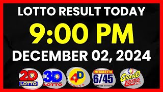 Lotto Result Today 9PM Draw December 02 2024  2D 3D Swertres 4D 645 655 PCSOlotto [upl. by Efron]