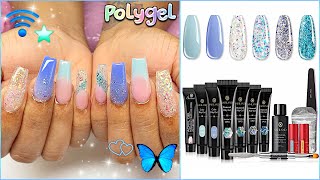 SAVILAND Blue Polygel Kit Step By Step w Removal Filing French Tips Color Blocking Glitter💙 [upl. by Palgrave]