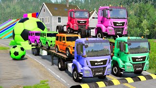 Double Flatbed Trailer Truck vs Speedbumps Train vs Cars Tractor vs Train Beamng Drive 069 [upl. by Anelac]