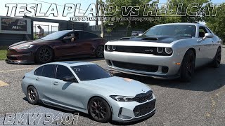 Tesla Plaid vs Hellcat amp BMW 340i Drag Racing  Island dragway [upl. by Assira821]