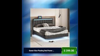 Queen Size Floating Bed Frame with LED Lights and USB ChargingModern Upholstered Platform LED Be [upl. by Otir]