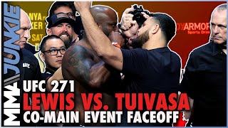 Derrick Lewis Tai Tuivasa get up close and personal at UFC 271 final faceoff [upl. by Mcquillin576]