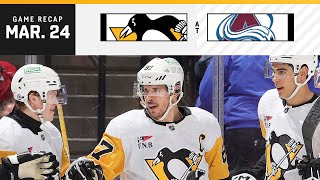 GAME RECAP Penguins at Avalanche 032424  Sidney Crosbys FourPoint Game [upl. by Lamphere]