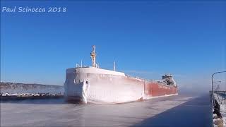 So Cold the Canal Froze  CSL Assiniboine arrives Duluth MN breaking ice [upl. by Auqinot]