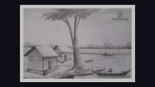 How to draw a village scenery pencil drawing easy scenery drawing step by step drawing [upl. by Lareena]