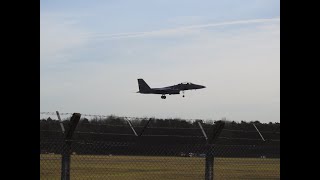 F15 emergency landing at RAF Lakenheath 280222 lots of sparks catching the landing cable [upl. by Hospers]