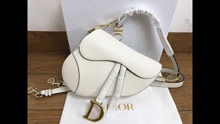 Original Dior Saddle Bag White Taupe Grained Calfskin HD Unboxing [upl. by Shuma982]