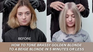 How to tone brassy golden blonde to a beige blonde in 5 minutes or less  Kenra Color [upl. by Gayl]