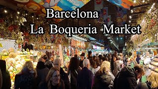 Barcelona La Boqueria street food Market drinks Meat Seafood juice fruit Barça Spain [upl. by Diehl985]