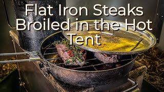 Cooking Flat Iron Steak Broiled in the Hot Tent in the Pathfinder Skillet with Broiling Rack [upl. by Cowles]