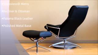 Stressless Metro Recliner and Ottoman in Paloma Black Leather and Polished Metal Base By Ekornes [upl. by Det193]