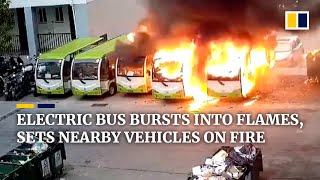 Electric bus bursts into flames sets nearby vehicles on fire in China [upl. by Malloch76]