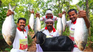 Bengali famous Hilsha fish amp Mutton curry recipe  Sorshe Ilish recipe cooking for village people [upl. by Cynthea783]