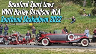 Beauford Sport tows 1943 Harley Davidson WLA WWII Army Motorcycle Trike at Southend Shakedown 2022 [upl. by Myranda]