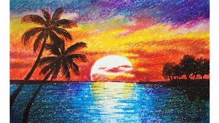 Landscape drawing for beginners with oil pastels  Scenery drawing  Oil pastel drawing [upl. by Hgalehs640]