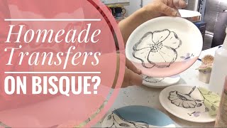 Making Homemade Underglaze Transfers and applying them to Bisqueware Handmade Dishes Pottery Vlog [upl. by Charlena]