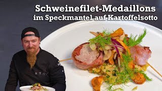 Schweinefilet Medaillons im Speckmantel auf Kartoffelsotto  Lucki Maurer kocht 6 [upl. by Bred]