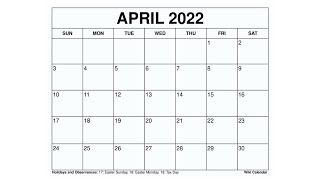 Printable April 2022 Calendar Templates with Holidays  Wiki Calendar [upl. by Ocirderf]