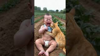 Cat comforts crying baby [upl. by Roxanna]