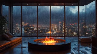 Luxury Modern Living Room with Electric Fire When Its Storm Outside  Soothing Rain Sound for Sleep [upl. by Leverett]